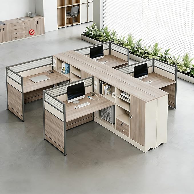 Modern Office Workstation Desk with Side Storage Cabinet, Tempered Glass Privacy Panels, USB Charging Hub & Cable Management, Modular Cubicle Desk for Office Work (A - Right, 4P-A)