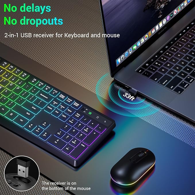 Wireless Keyboard and Mouse Combo, Lovaky 2.4G Full-Sized Ergonomic Keyboard Mouse, 3 DPI Adjustable Cordless USB Keyboard and Mouse, Quiet Click for Computer/Laptop/Windows/Mac (RGB Rainbow, 1 Pack) | Backlit, Low profile Keys, 3 DPI Adjustable, 2.4G ...