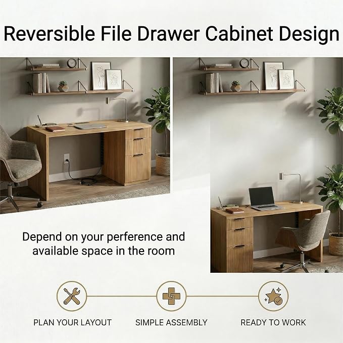 FURSUN 58" Home Office Desk with Power Outlet & File Cabinet, Modern Fluted Executive Desk with 3 Storage Drawers, Large Computer Workstation for Study & Bedroom, Natural Oak