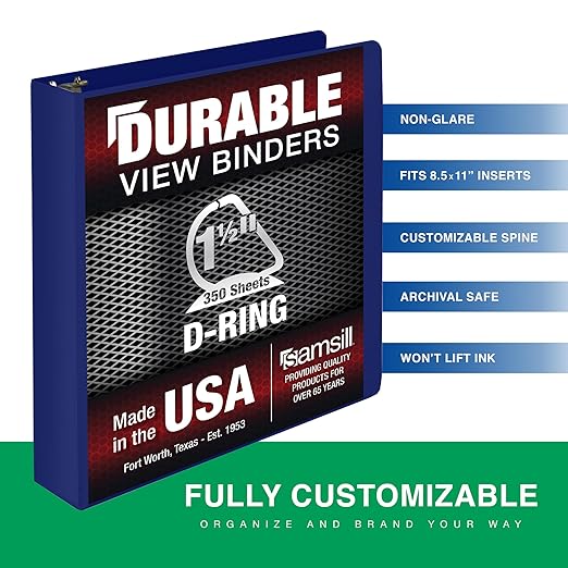 Samsill Durable 1.5 Inch Binder, D Ring Binder, Customizable Clear View Cover, Dark Blue, Holds 350 Pages