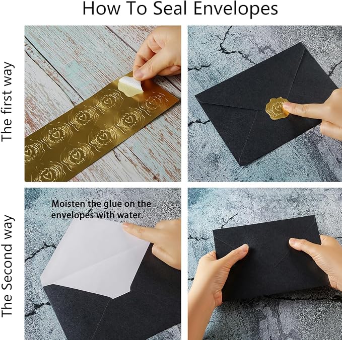 50 Pieces Shiny Envelopes with Gold Stickers, Black, 5x7 | Gold Stickers Included, For Wedding Invitations, For Graduation, For Baby Shower, For Greeting Cards
