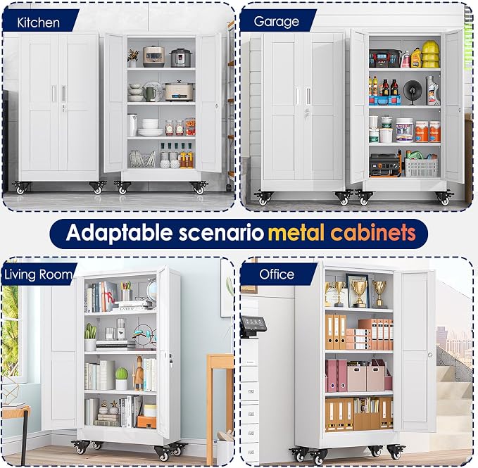 erosoei 45.6"H Metal Garage Storage Cabinet, Rolling Tool Cabinet with 2 Doors and Wheels, Locker Steel Cabinet with 3 Adjustable Shelves, Organization Cabinet for Garage,Office,Home,Gym,School（White）