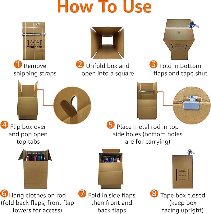 Amazon Basics Wardrobe Clothing Moving Boxes with Bar, 6 Pack, Brown, 24" x 24" x 40"