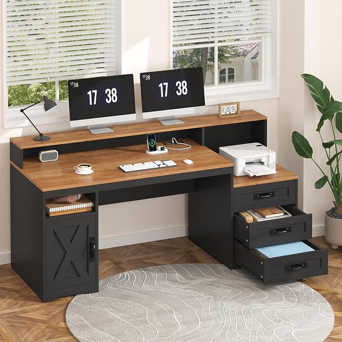 65" Farmhouse Computer Desk with Drawers and Printer Stand for Home Office | Office Desk with Power Outlets and Storage Cabinet, Study Writing Desks with Long Monitor Stand, Brown and Black