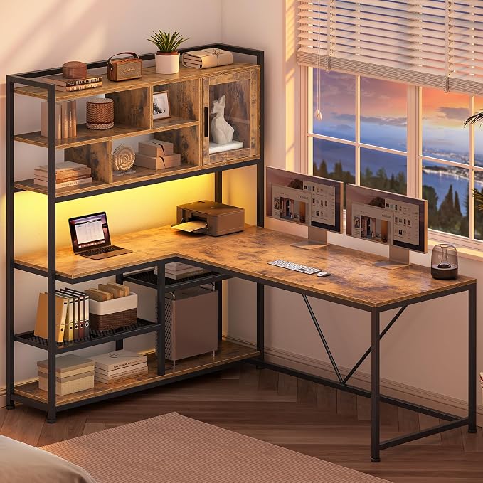 SEDETA L Shaped Computer Desk with Storage Shelves, Bookshelf, Rustic Brown | 58'' Reversible Office Desk with LED Light, Glass Door Cubby, L Shaped Corner Desk for Gaming, Two Monitors, Small Space