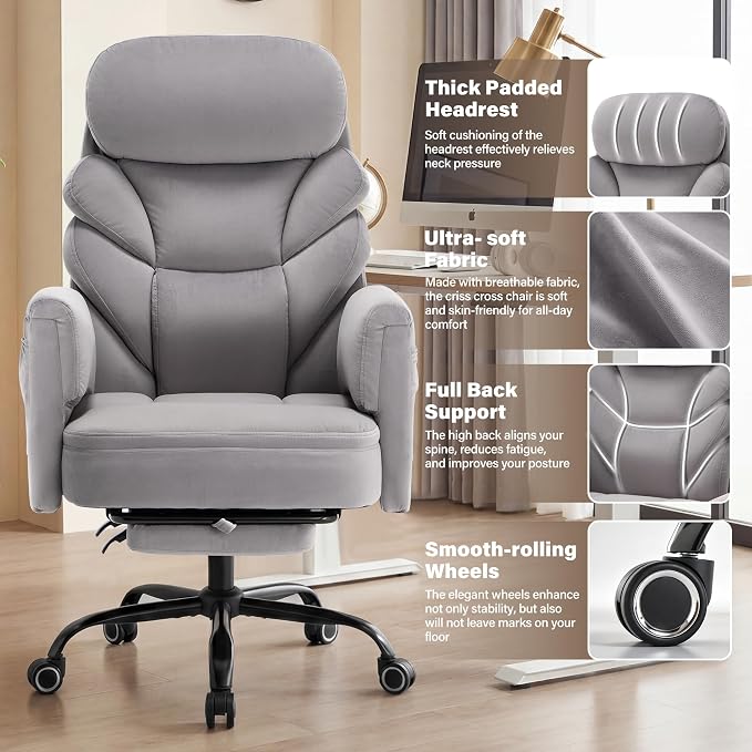 Big and Tall Office Chair, Reclining High Back Criss Cross Desk Chair | Footrest, Foldable Arms, Soft Wide Pet Seat, Thick Padded, Cross Legged Home Office Large Ergonomic Computer Chair