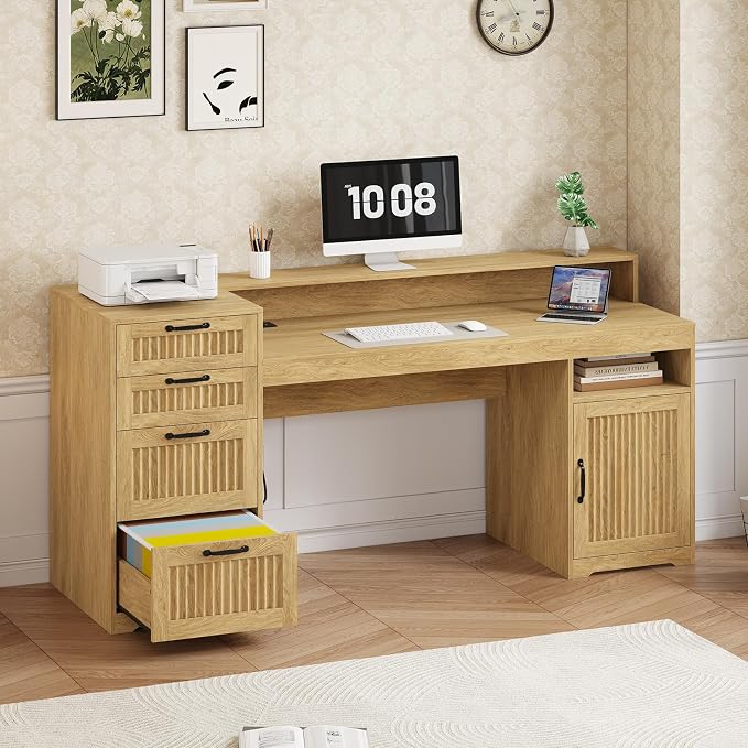 63" Fluted Computer Desk with 4 Drawers for Home Office, Bedroom | Wood Executive Desk with Printer Shelf, Monitor Stand, Home Office Desks with Power Outlets, Storage Shelves, Oak, Boho Desk
