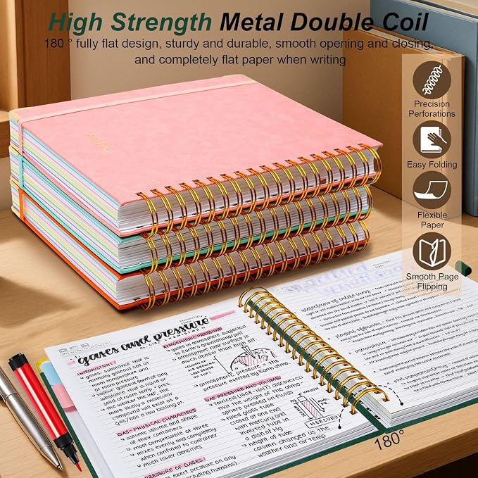 Hardcover Spiral Notebook 8"x10" Journal Notebook with Tabs and Removable Dividers 300 Pages 5 Subject Notebook College Ruled, Faux Leather Spiral Bound Notebook for Women School Work (Green)