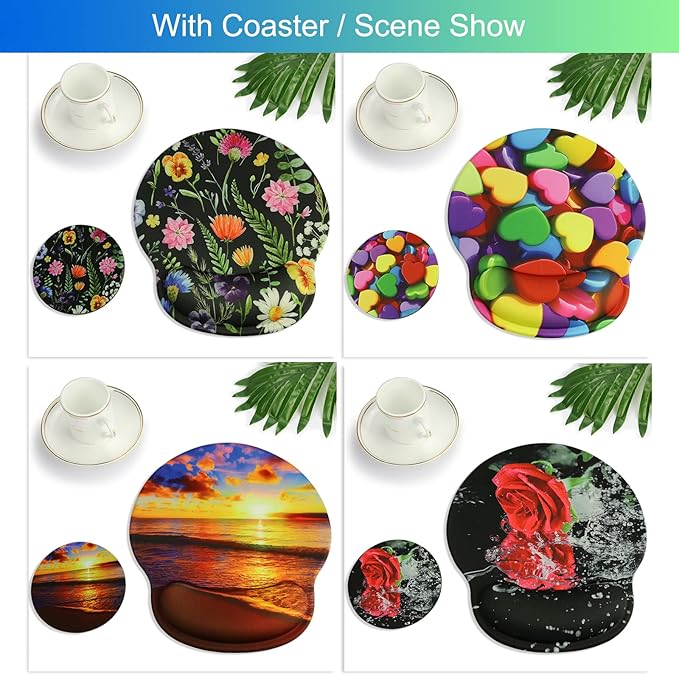 Ergonomic Mouse Pad with Wrist Support Rest,Large Mousepad Gel Wrist Rest, with Coaster Non-Slip & Pain Relief for Computer, Desk, Home&Office-Sunset Beach