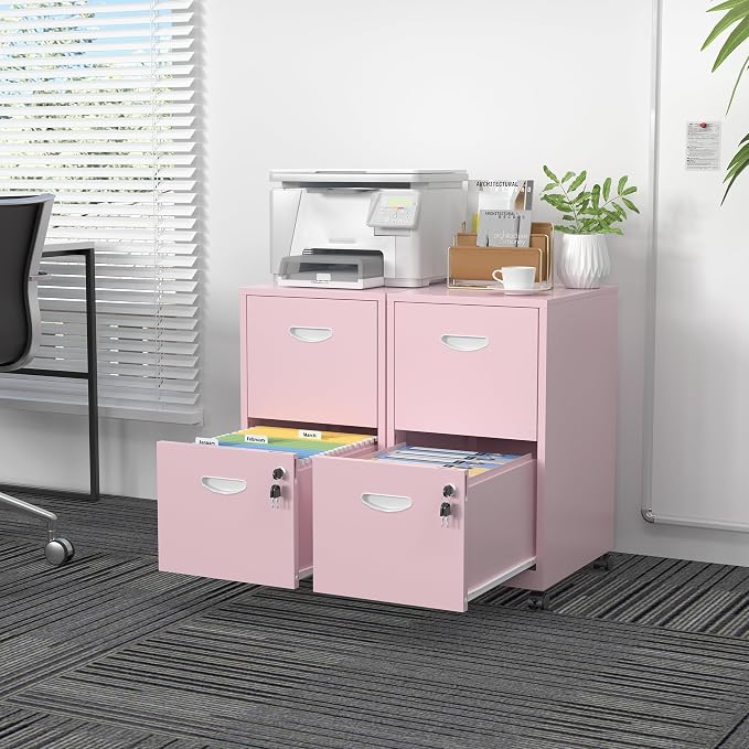 SteeLoong 2 Drawer File Cabinet,Metal Mobile File Cabinet with Lock Pink | Filing Cabinet with Wheel,Vertical File Cabinet for Home Office,Under Desk Rolling File Cabinets for Hanging Letter/A4