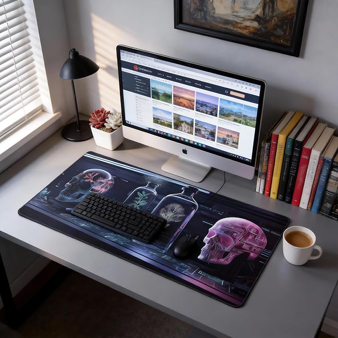 Aesthetic Skull Gaming Mouse Pad, Purple Cyber Desk Mat with Anti-Slip Base & Stitched Edges,35.4" x 15.7" in Table Mat for Computer Desktop, Beautiful Workstation Decor
