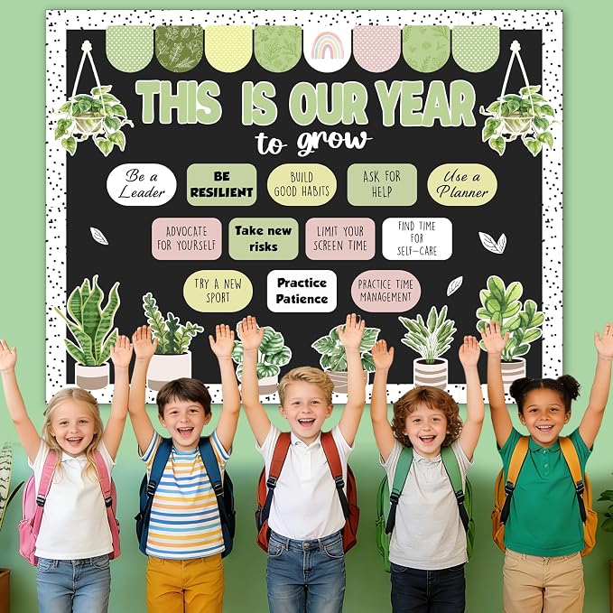 55Pcs This is Our Year to Grow Bulletin Board Decorations, Boho Classroom Decor Greenery Plant Inspirational Cutouts Welcome Back to School Bulletin Board for Teacher Supplies Office Door Wall Decor