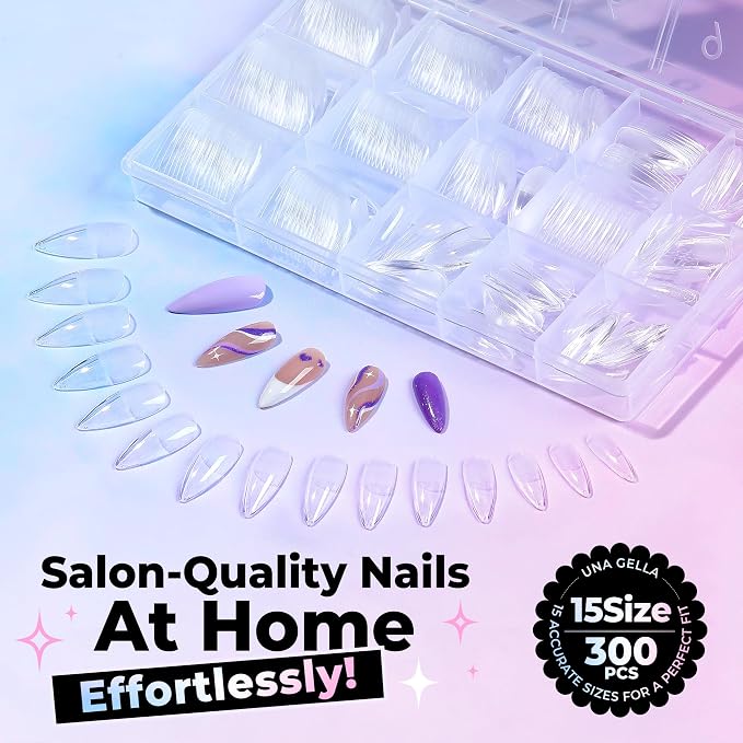 UNA GELLA Stiletto Gel Nail Tips Medium 15 Sizes Pre-Etched Clear Tips | 300PCS Easy DIY Salon Stiletto Almond Press On Nails Snug Fit Full False Fake Nail Extensions Long-Lasting Hold