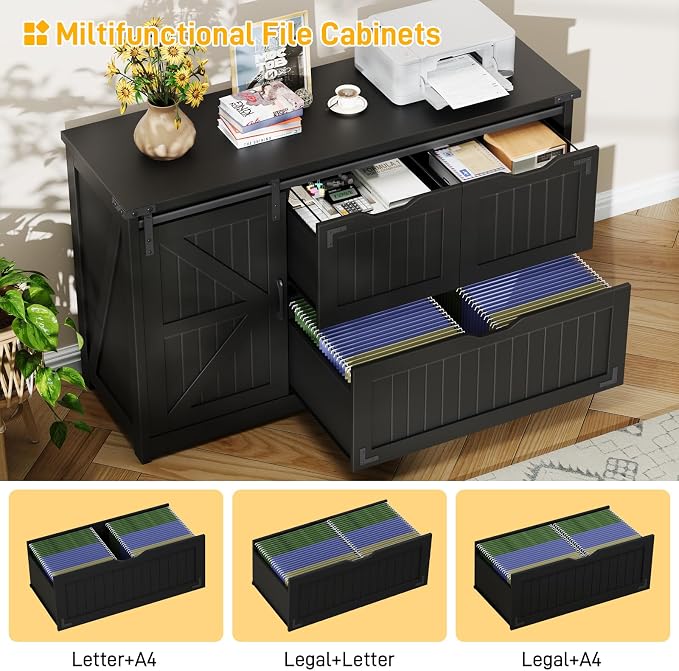 Halitaa 47.8” Farmhouse File Cabinet with Sliding Barn Door, Pure Black | Lateral Filing Storage Cabinets with Adjustable Shelf, 3 Drawers,Office Printer Stand for Hanging Files Letter/Legal/A4/F4
