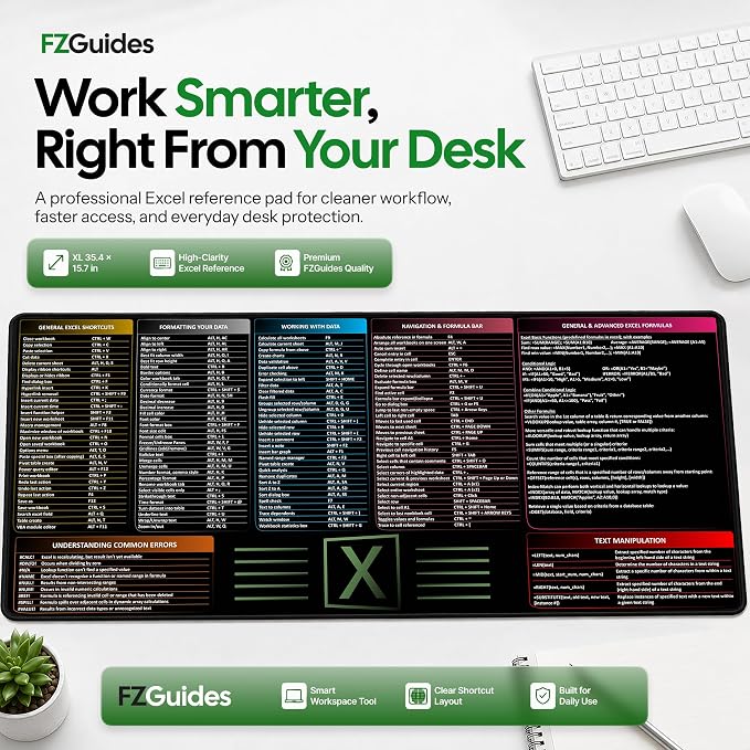 Large Excel Cheat Sheet Desk Pad | Excel Pad Shortcut Keys Mouse Mat - Extended Office Excel Mouse Pad with Excel Shortcuts & Formulas | Waterproof | XL Giant Deskpad for Desk 35.5" x 15.7"