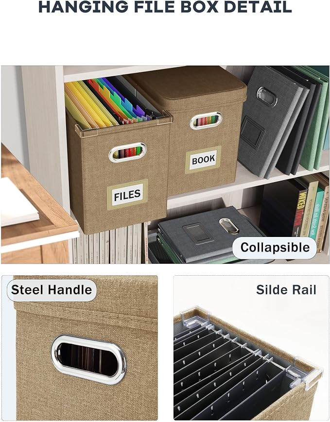 File Organizer Box with Lid, Hanging Filing File Box with Mesh Pocket, Document Organizer Box for Letter Files, Portable Storage Box with Smooth Sliding Rail for Office&Home(1 PCS, Khaki)