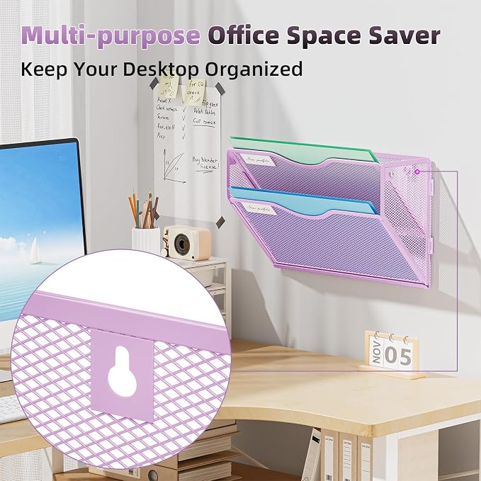 Marbrasse Wall File Holder 2-Tier Hanging Wall File Organizer, Mesh Mail Holder for Papers, Wall Mount File Clipboard & Magazine Organizer Great for Office Home (Purple)