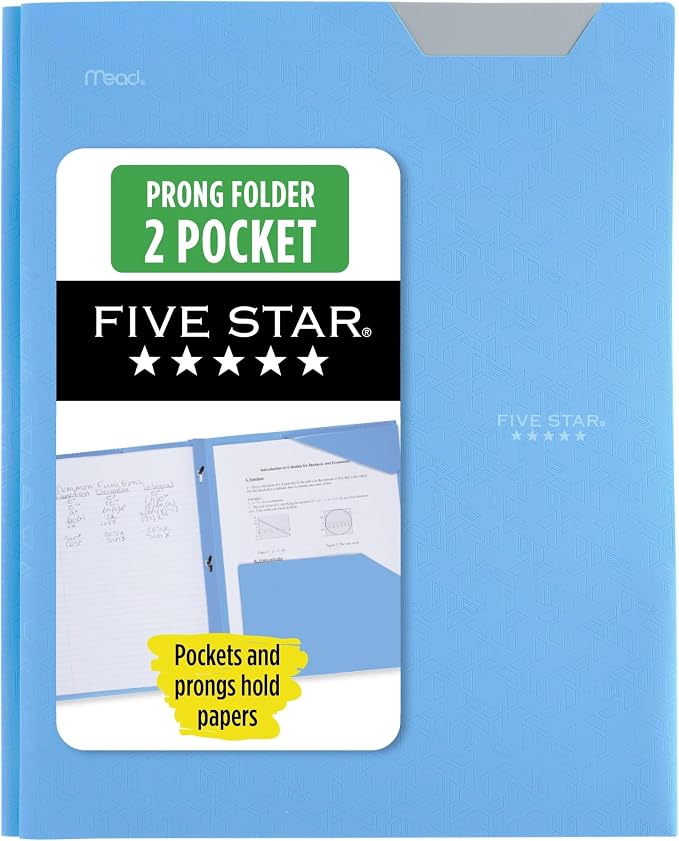 Five Star 2-Pocket Folder, Plastic Folder with Stay-Put Tabs and Prong Fasteners, Holds 8-1/2" x 11" Paper, Pacific Blue (72115) (Pack of 5)