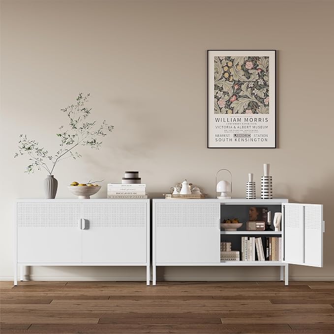 Metal Storage Cabinet,2 Door TV Stand, Metal Mesh Accent Cabinet | Magnetic Door Closure,Low Storage Cabinets with Doors and Shelf for Home,Office,Living Room