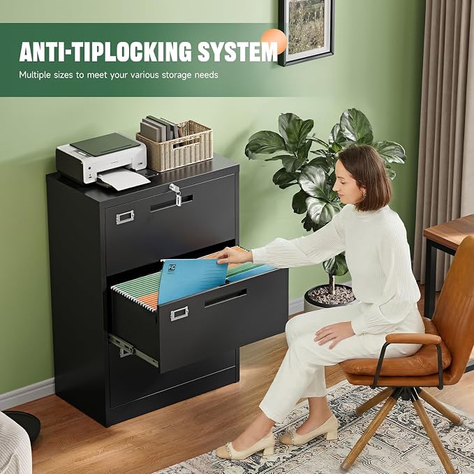 3 Drawer File Cabinets with Lock,Metal Lateral Filing Storage Cabinet Printer Stand,Black Steel Home Office Cabinet for Hanging Files Letter/Legal/A4 Size (Black, H39.84×W28.35×D15.74)