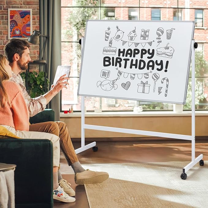 OLIXIS Magnetic Whiteboard with Wheels 46" x 32", Dry Erase Board with Adjustable Rolling Stand, Heavy-Duty Aluminum Frame & Accessory Tray for Office, Classroom, Home & Presentations, White