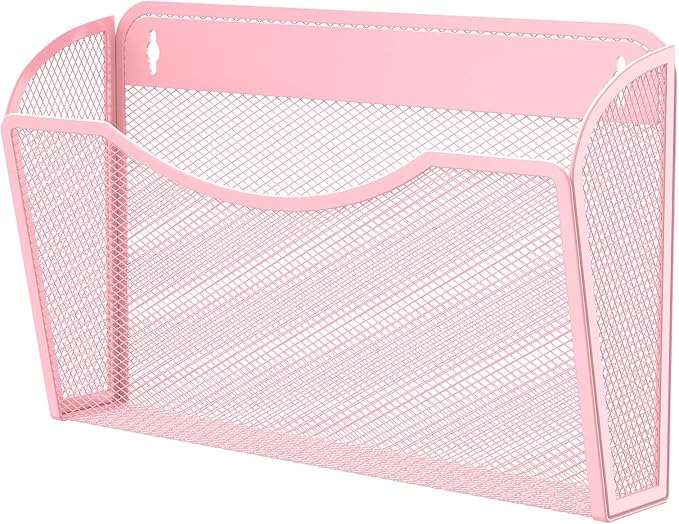 MINDEPOT Wall File Organizer, Hanging Wall File Holder, 1 Pack, Pink | Heavy Duty Iron, Metal Mesh Wall Mount, Single Pocket, Mail Organizer, for Office School Classroom Home, Letter A4 Size