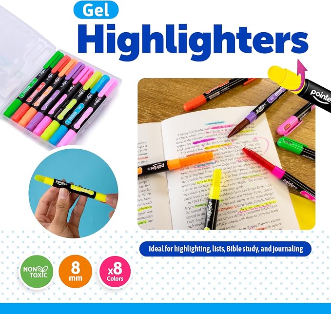Pointer Highlighter School Set -Journaling Highlighters- 8 Count,Multicolor | Twistable Smooth Design, Paper-Safe, No-Bleed, Smear Resistant, Smooth Glide, 8 mm Tip, Plastic Storage Case