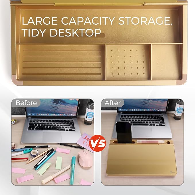 TOWON Compact Glass Desktop Whiteboard with Storage 12x7 in, Metallic Gold | Glossy metallic mirror finish, 5 markers, eraser and holder included, dry erase surface for the office or home desk