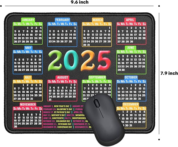 Mouse Pad with Stitched Edge, Computer Mouse Pad with Non-Slip Rubber Base, Mouse Pads for Computers Laptop Mouse 9.6x7.9x0.1 inch, (2025 Calendar Black)