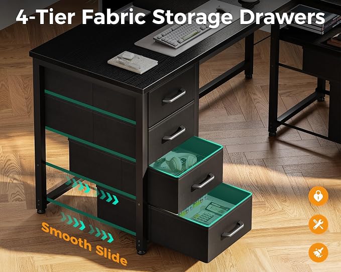 Coleshome 55 Inch L Shaped Office Desk with 6 Drawers, Power Outlet, Black | 5 Fabric Drawers, File Drawer, USB and Type-C Ports, Open Storage Shelf, Reversible Layout for Home Office