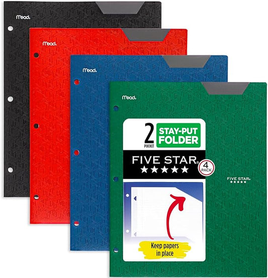 Five Star 2-Pocket Folder, 4 Pack, Plastic Folder with Stay-Put Tabs and Prong Fasteners, Fits 3-Ring Binder, Holds 8-1/2" x 11” Paper, Black, Fire Red, Forest Green, Pacific Blue (38049)