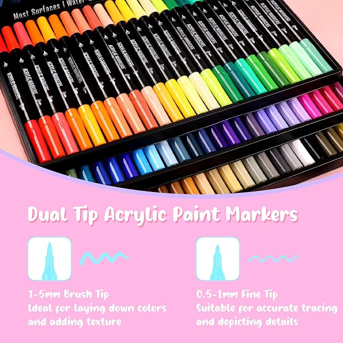 72 Colors Acrylic Paint Markers, Dual Tip with Fine Tip and Brush Tip Pens for Stone, Wood, Calligraphy, Canvas, Ceramic, Metal, Glass, Rock Painting, DIY Crafts
