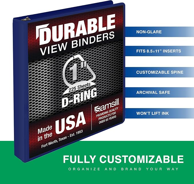 Samsill Durable 1 Inch Binder, D Ring Binder, Customizable Clear View Cover, Dark Blue, Holds 225 Pages