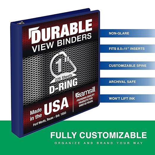 Samsill Durable 1 Inch Binder, D Ring Binder, Customizable Clear View Cover, Dark Blue, Holds 225 Pages