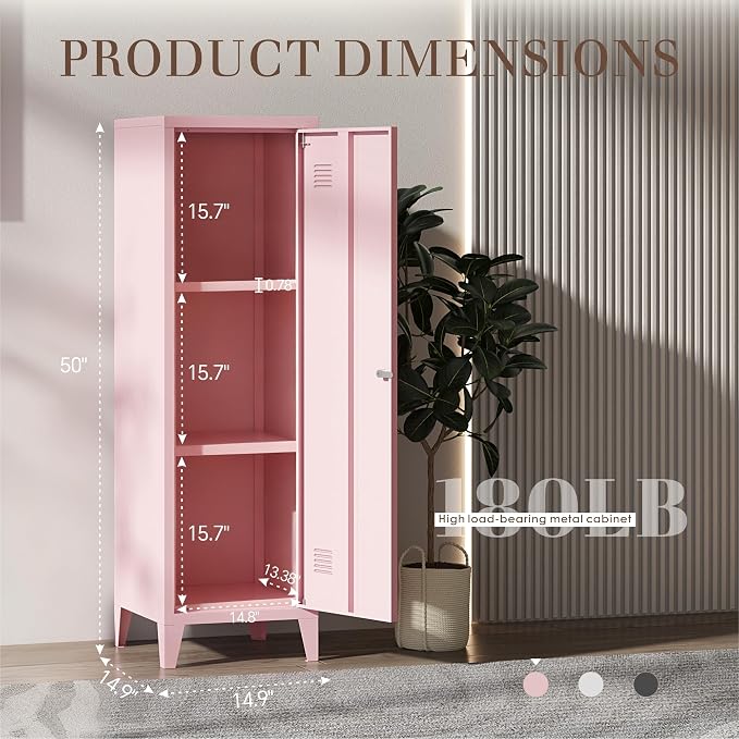 Locker Cabinet, 50" Pink Small Metal Locker Storage Cabinet for Employees with Locking Door and 2 Shelves Kids Locker Tool File Cabinets for Bedroom, Home Office, Garage, Bathroom