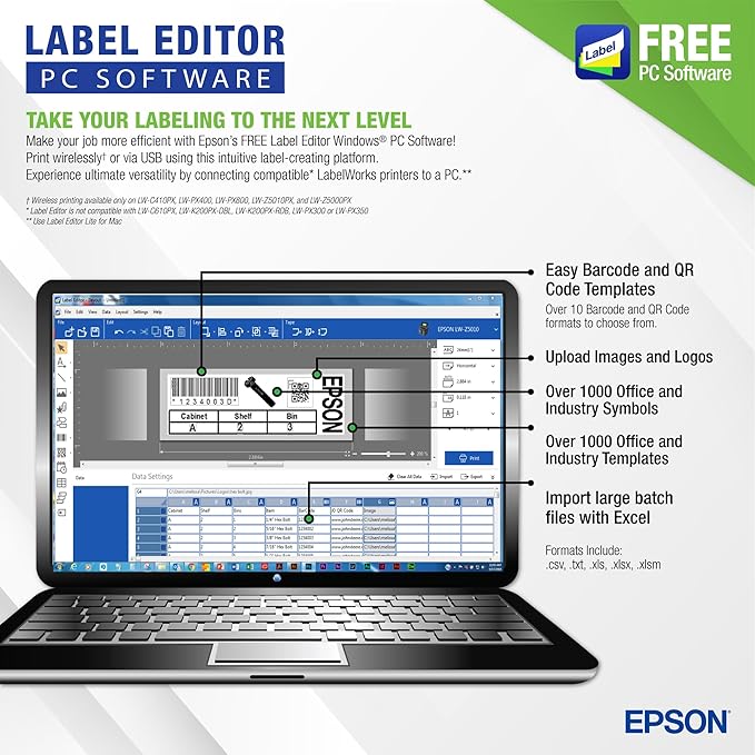 LABELWORKS Epson LW-Z5010PX-R Industrial Label Maker - Complete Printer Kit with Accessories and Automatic Bulk Tape Rewinder, PX 147' Bulk Label Rolls, Desktop Printer
