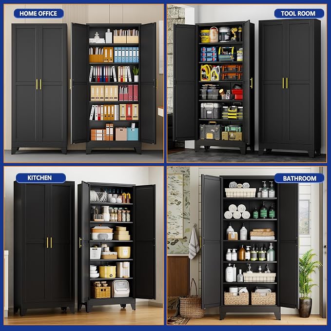 Metal Storage Cabinet with 2 Doors and 5 Adjustable Shelves - 74.8" Steel File Cabinet,Tool Cabinets for Office,Home,Garage,Gym,School (Black)