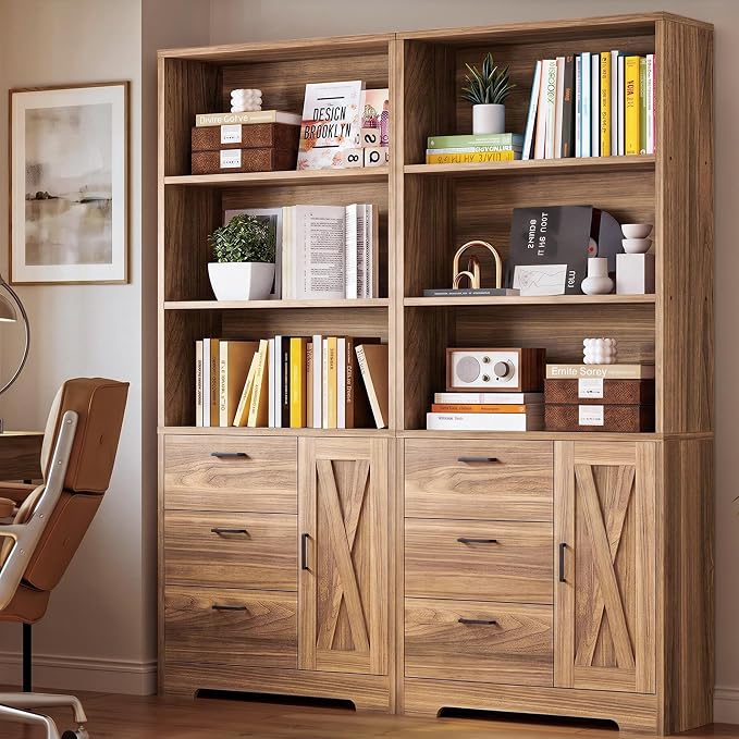 IRONCK 71 in Bookshelf with Doors and Drawers, Industrial Tall Bookcase | Engineered wood with 3-tier shelves, 3 drawers, enclosed storage, anti-tip hardware, 132 lb maximum capacity, for home office