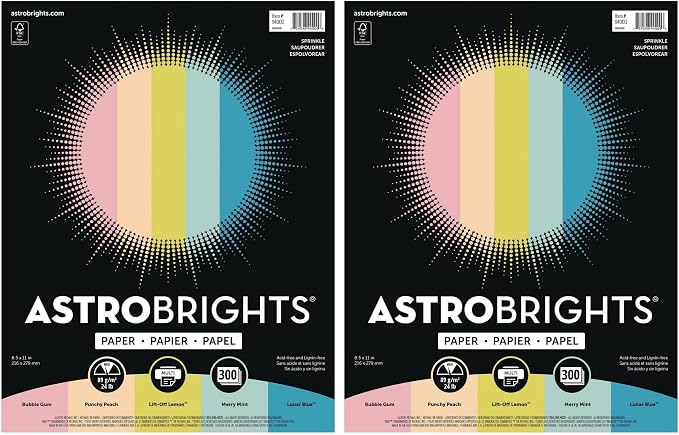 Astrobrights Color Paper, 8.5" x 11", 24 lb/89 gsm, Sprinkle 5-Color Assortment, 300 Sheets (94000) (Pack of 2)