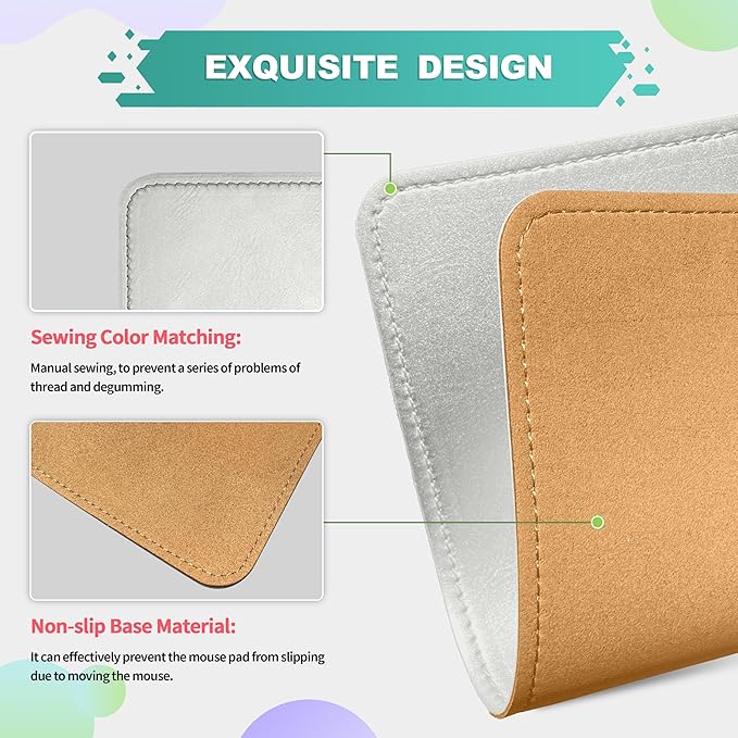 Mouse Pad, PU Mouse Pad，Leather Mouse Pad with Stitched Edge Micro-Fiber Base with Non-Slip Waterproof，Mouse Pad for Computers，Laptop, 8x11Inch (Silver)