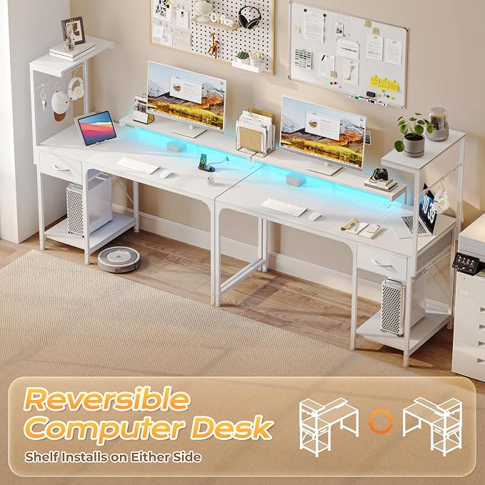 47.2 Inch Gaming Desk with LED Lights & Power Outlets | Computer Desk with Drawer & Storage Shelves, Office Writing Desk with Monitor Stand for Work from Home, White