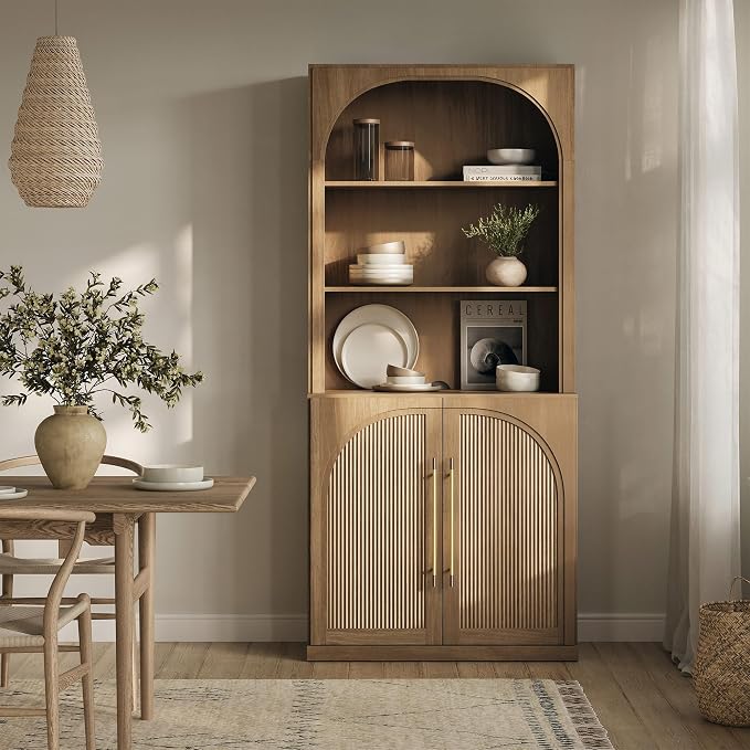 BELLEZE 72" Modern Wood Bookshelf with Arched Doors,Tall Storage Cabinet with Hutch and 3-Tier Shelves, Display Curio Cabinet for Kitchen, Dining Room, Living Room, or Office, Camel