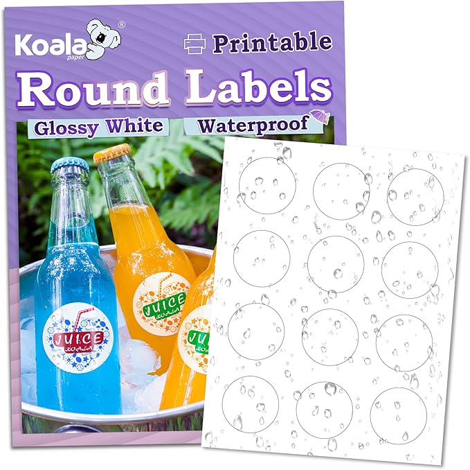Koala Round Labels 2 Inch, Glossy Waterproof Printable Circle Stickers for Inkjet and Laser Printer, 240 Circle Labels for Brand Logo, Bottle, Jar