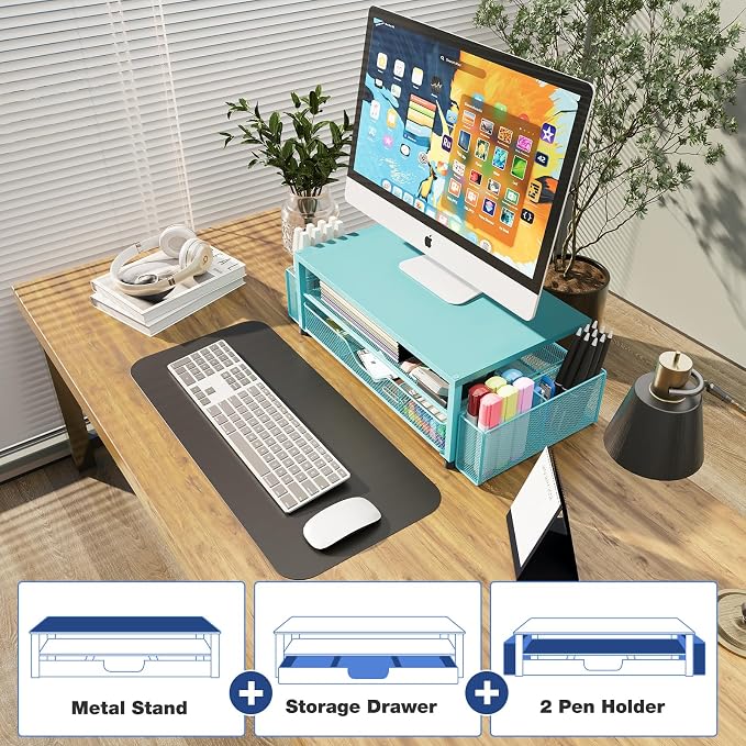 Desk Organizer and Accessories, 2-Tier Computer Monitor Stand Riser with Drawer and 2 Pen Holders, Laptop Stand, Office Desk Accessories for Office Supplies, 1 Pack, Teal Blue