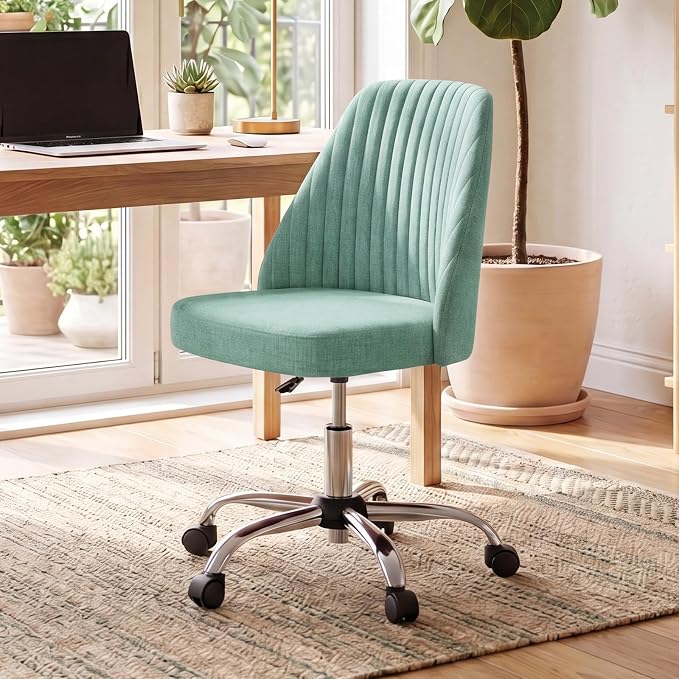 DUMOS Comfy Office Desk Chair, Armless Computer Vanity Chair | Height Adjustable, 360° Rolling Swivel Task with Wheels, Wide Seat Home Bedroom, Student, Adults, Green
