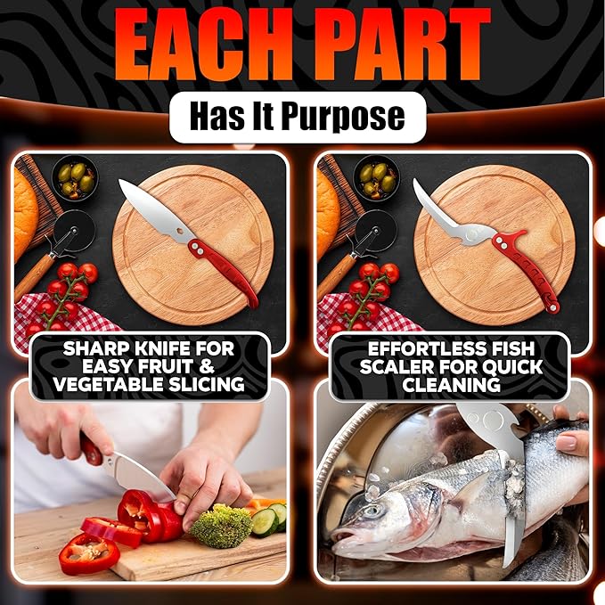 4-in-1 Kitchen Shears Heavy Duty – Sharp Seafood, Poultry Shears & Chicken Scissors with Non-Slip Metal Handle & Micro-Serrated Blades for Meat – Spring-Loaded Bone Cutting Scissors with Safety Lock