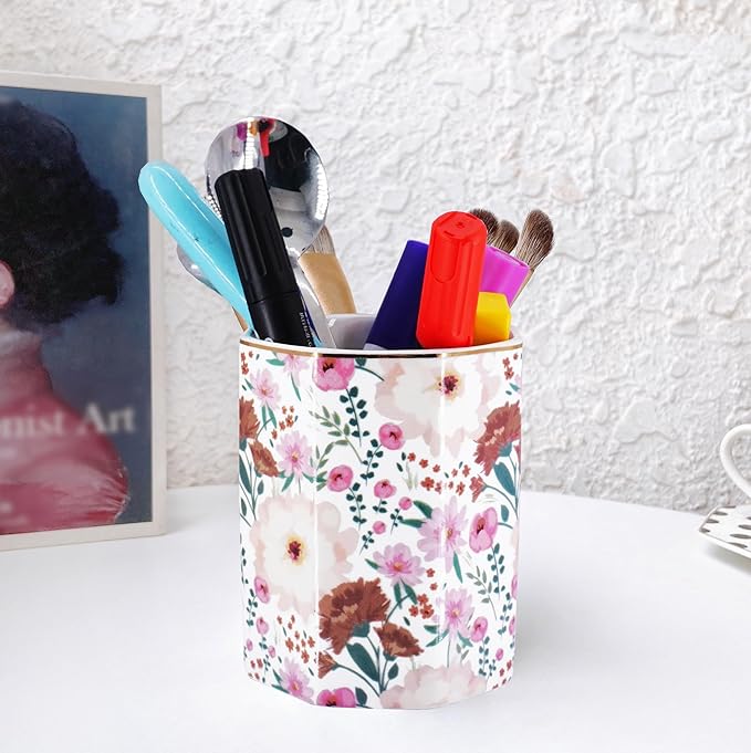 Large Capacity Colored Pen Holder for Desk, Ceramic Pencil Holder Pen Cup Marker Holder Floral Makeup Brush Holders, Desk Accessories & Workspace Organizers for Home, School & Office(Pink White)