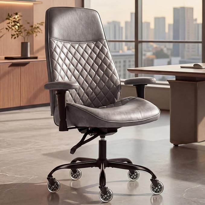 NEO CHAIR Leather Office Chair with Ergonomic Design, Executive Chair Grey | Computer Desk Chair with Lumbar Support, Adjustable Height Arms, Comfy Home Office Chair, Smooth Rolling and Swivel Design
