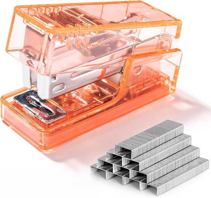 NUSIGN Mini Stapler with 830 Staples, Small Cute Desk Staplers, 25 Sheet Capacity, Clear Orange