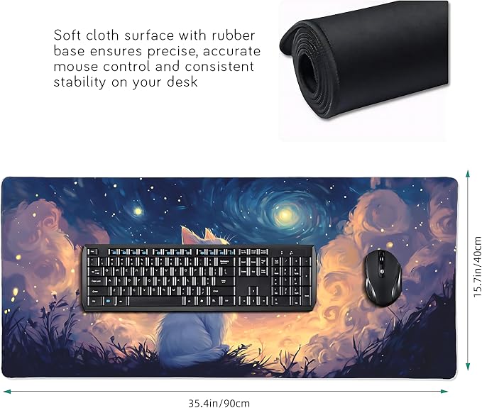 Cute Anime White Cat Gaming Mouse Pad, Blue Pink Van Gogh Desk Mat with Anti-Slip Base & Stitched Edges,35.4" x 15.7" in Table Mat for Computer Desktop, Beautiful Workstation Decor
